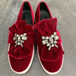 Red velvet slip on sneakers